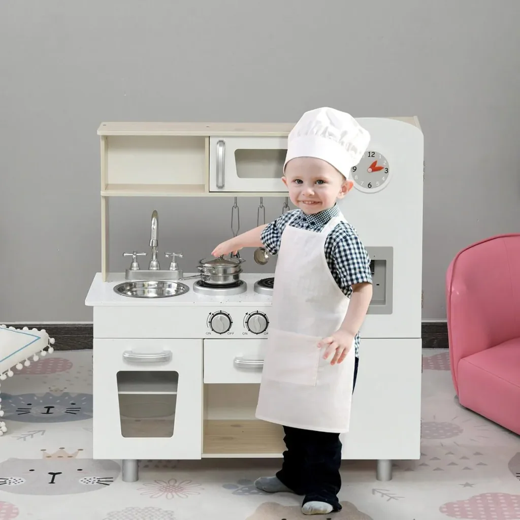 Kinderküche mit Zubehör, Traumküche, Spielküche, Spielzeugküche für 3 Jahre+, Kiefer, MDF, Weiß, 74 x 30 x 81 cm