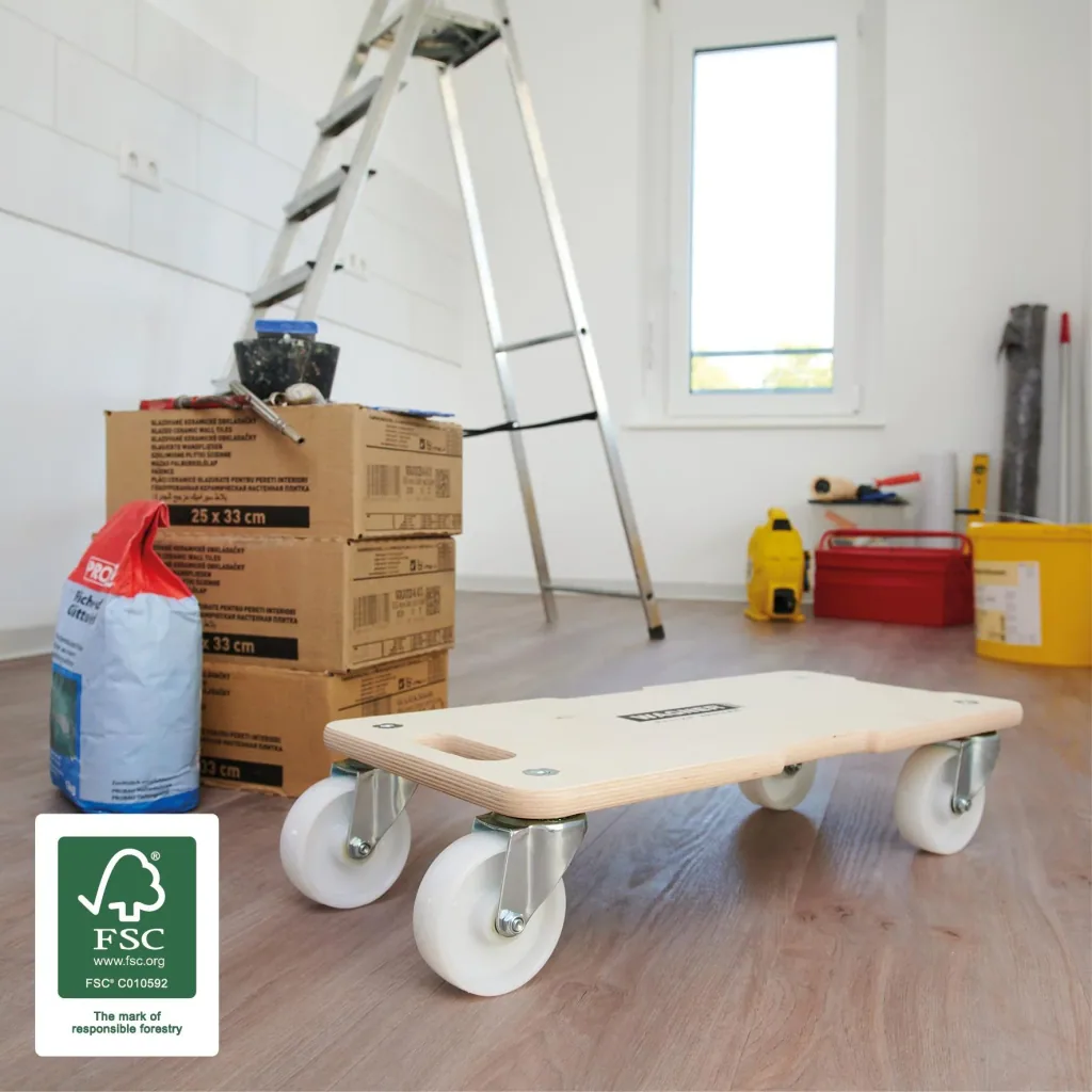 Transporthilfe MM 1326, 59 x 29 x 13,5 cm, harte Rollen Ø 100 mm, Rollenlager, Multiplex Birke FSC®, Tragkraft 400 kg