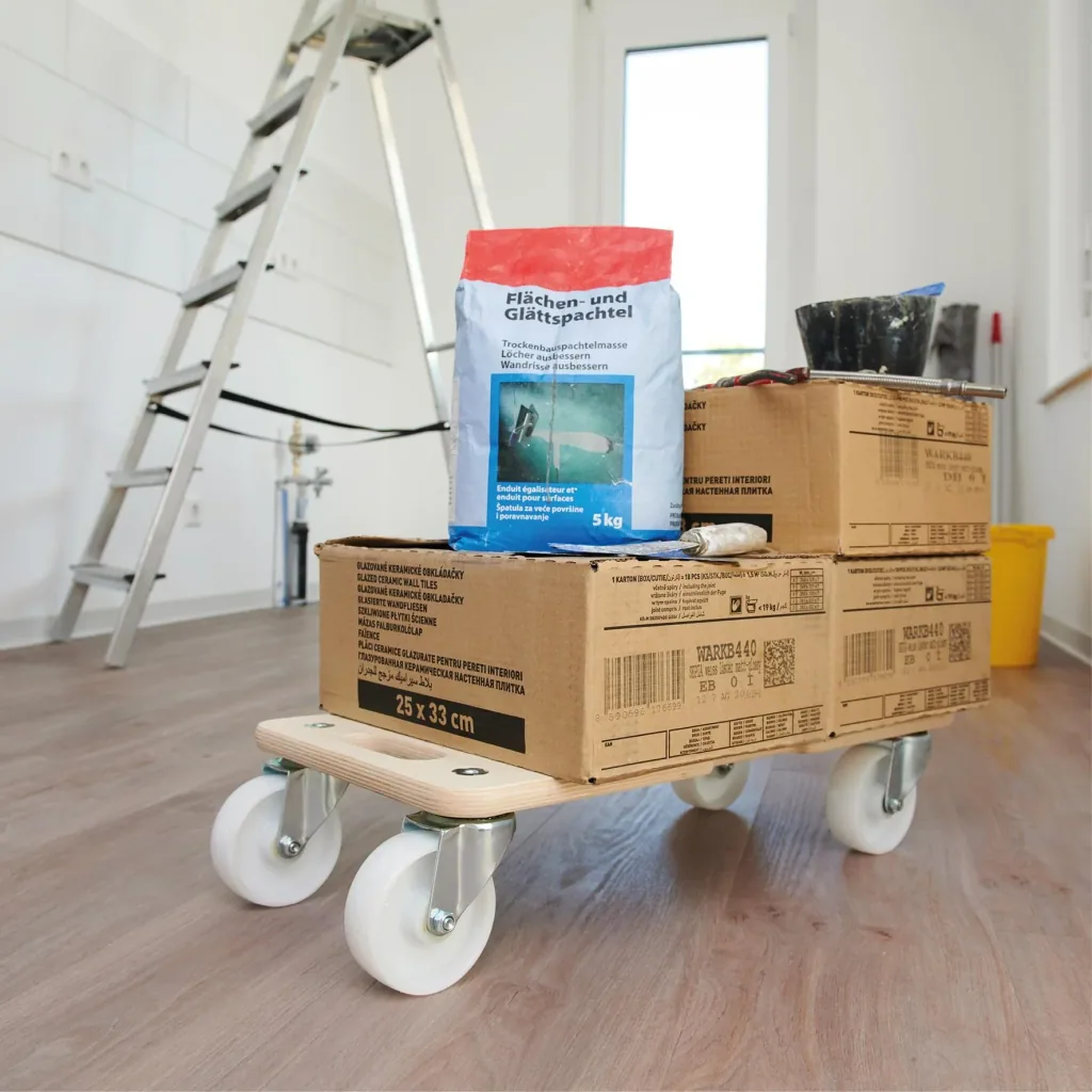 Transporthilfe MM 1326, 59 x 29 x 13,5 cm, harte Rollen Ø 100 mm, Rollenlager, Multiplex Birke FSC®, Tragkraft 400 kg