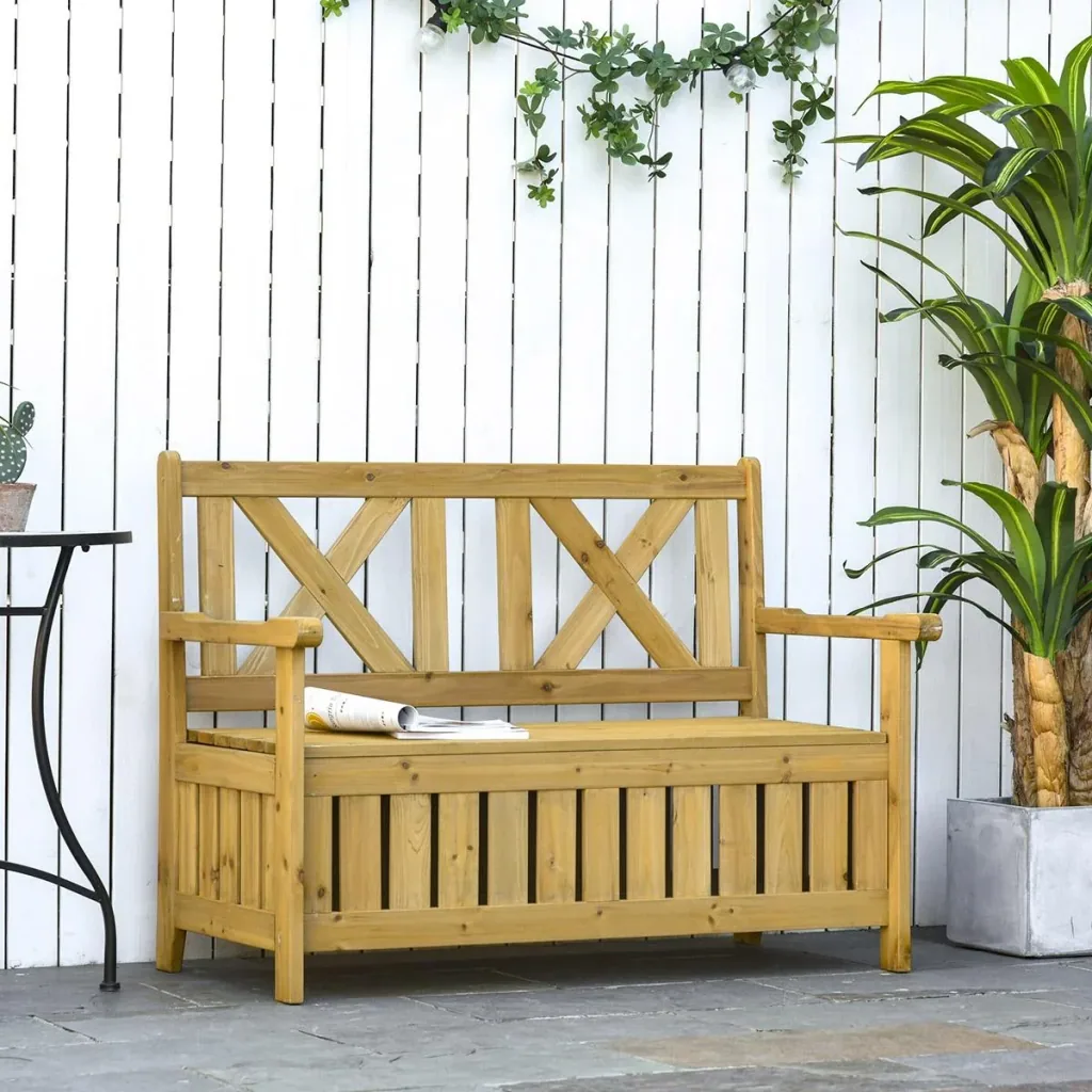 2-Sitzer Sitzbank mit Stauraum Gartenbank Holzbank Bank mit Armlehnen Massivholz Gelb 115 x 61 x 85 cm