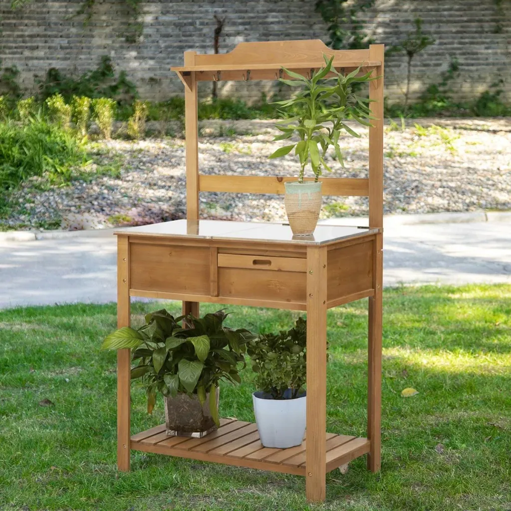 Pflanztisch mit verzinkter Arbeitsplatte Gärtnertisch für Garten Balkon und Terrasse mit Ablage Blumenregal Blumenstände