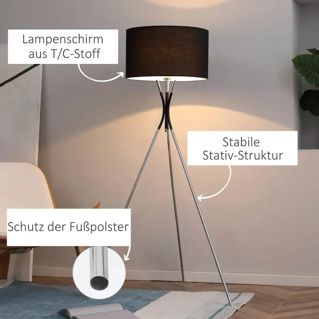 Stehlampe Wohnzimmer Tripod Stehleuchte 40W moderne Standleuchte mit E27 Fassung Stoffschirm Metallfuß für Schlafzimmer