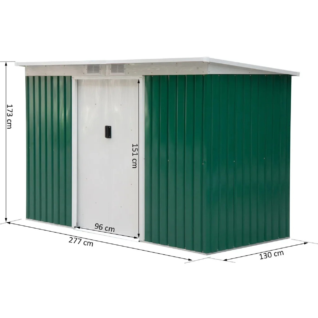 Metall Gerätehaus Gartenhaus Geräteschuppen Geräteschrank Metallhütte Pultdach verzinkt Grün 277 x 130 x 173 cm