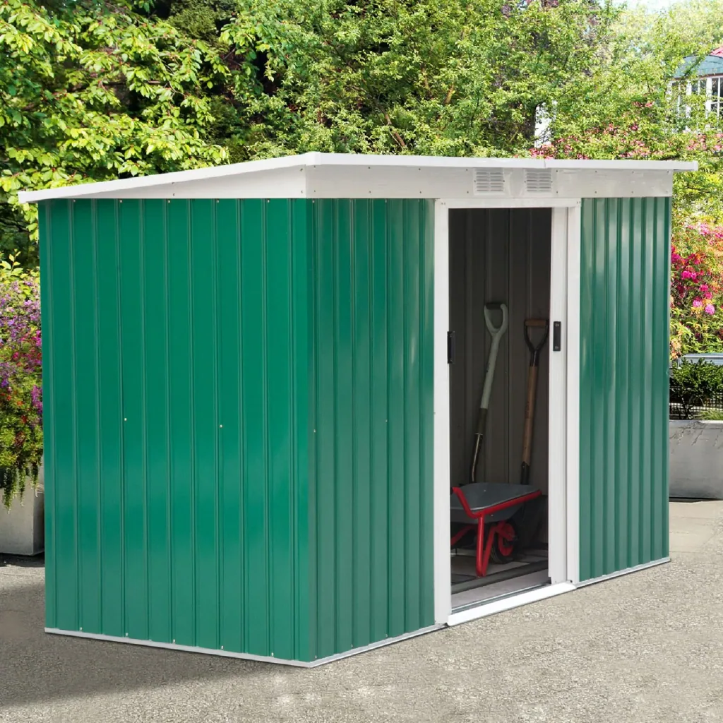 Metall Gerätehaus Gartenhaus Geräteschuppen Geräteschrank Metallhütte Pultdach verzinkt Grün 277 x 130 x 173 cm