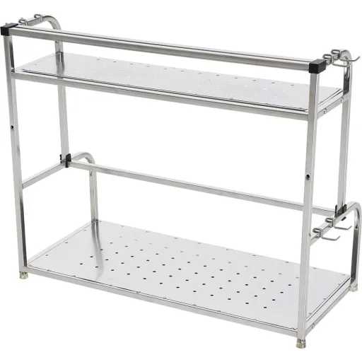 Küchenregal Standregal Wandregale 2 Ablagen mit 6 Haken Multifunktions Edelstahl Silber L50 x B22 x H42cm