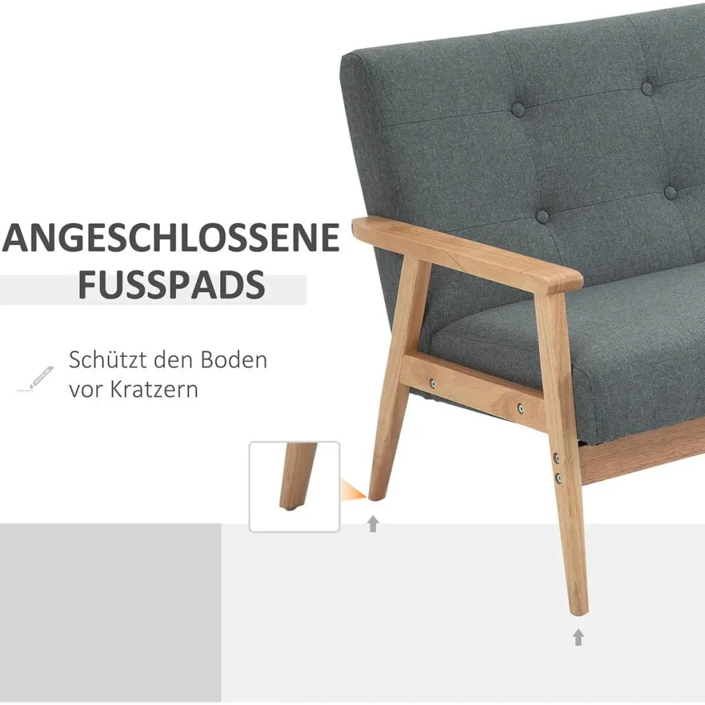 2 Sitzer Sofa Zweisitzer Stoffsofa Doppelsofa Polsterung Loveseat kompaktes Design Leinen Gummiholz Grau 115 x 66,5 x 73