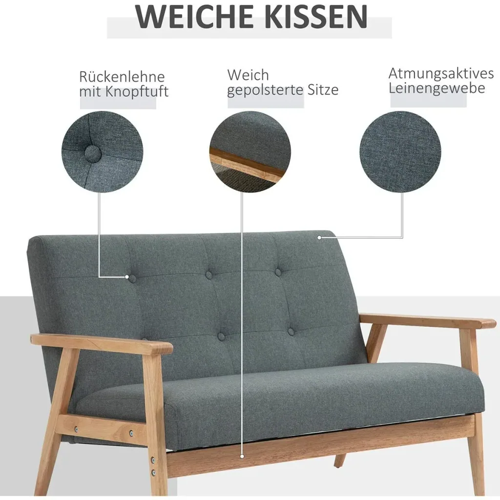 2 Sitzer Sofa Zweisitzer Stoffsofa Doppelsofa Polsterung Loveseat kompaktes Design Leinen Gummiholz Grau 115 x 66,5 x 73