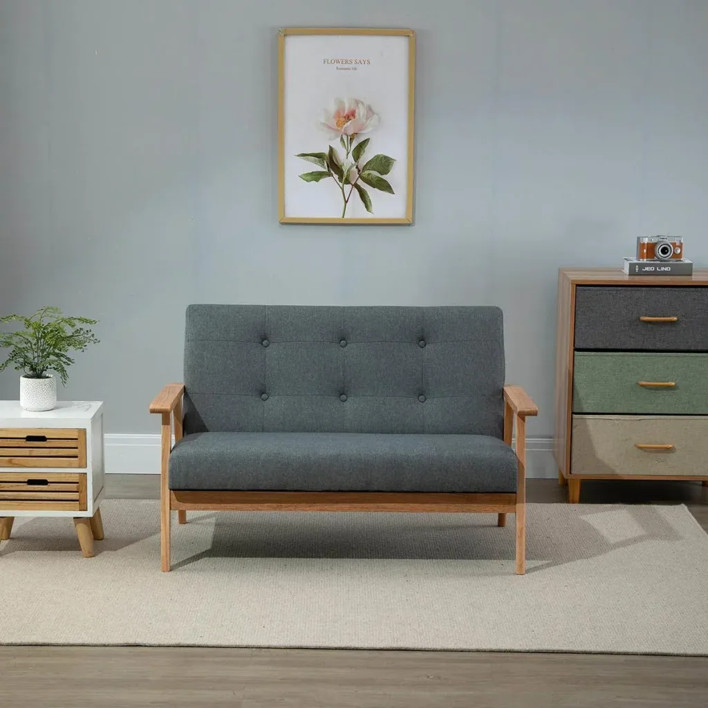 2 Sitzer Sofa Zweisitzer Stoffsofa Doppelsofa Polsterung Loveseat kompaktes Design Leinen Gummiholz Grau 115 x 66,5 x 73