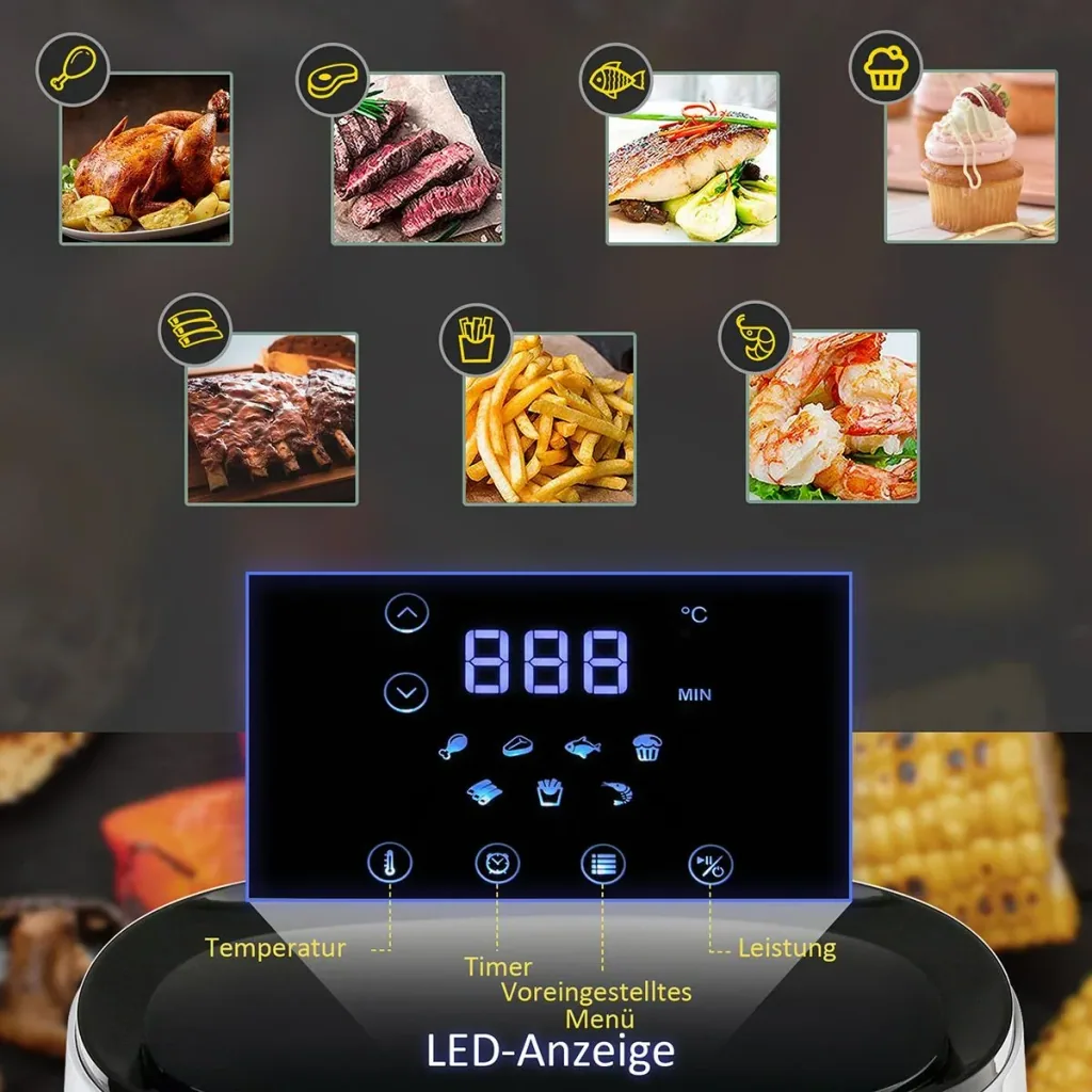 Heißluftfritteuse 2,5 L 1300W mit 7 Menukörben mit Antihaftbeschichtung Stahl weiß + schwarz 33,9 x 24,9 x 29,9 cm