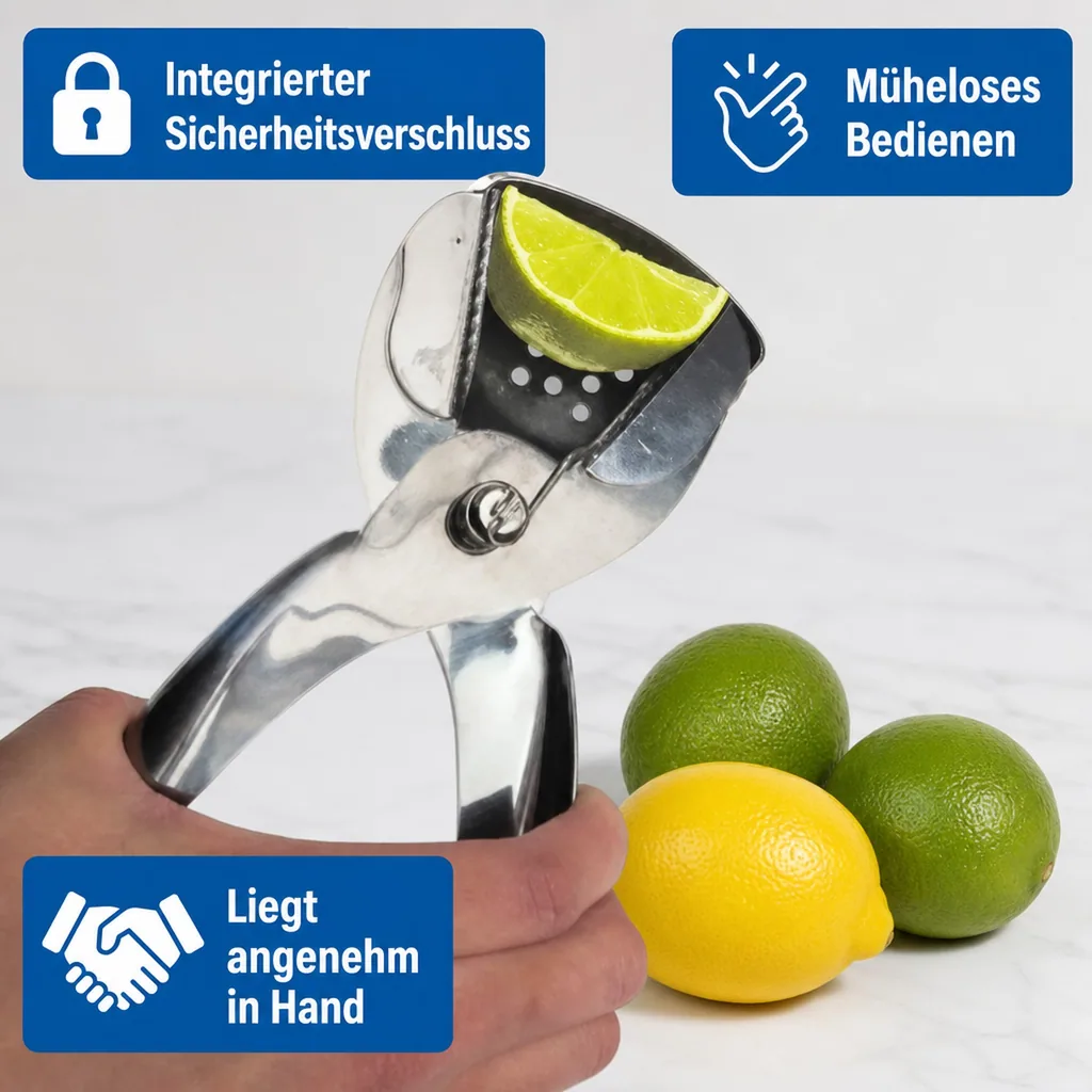 Zitronenpresse, Zitronenzange, Limettenpresse Edelstahl 18/10, Mehr Saft & Ergonomisches Design