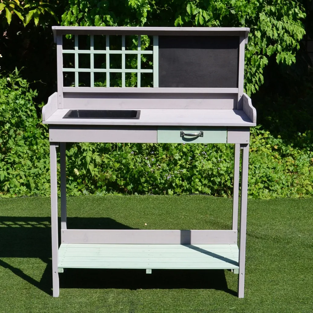 Pflanztisch Gärtnertisch Gartentisch Blumentisch mit Schublade und Wanne für den Garten Tannenholz 92 x 42,5 x 119,5 cm