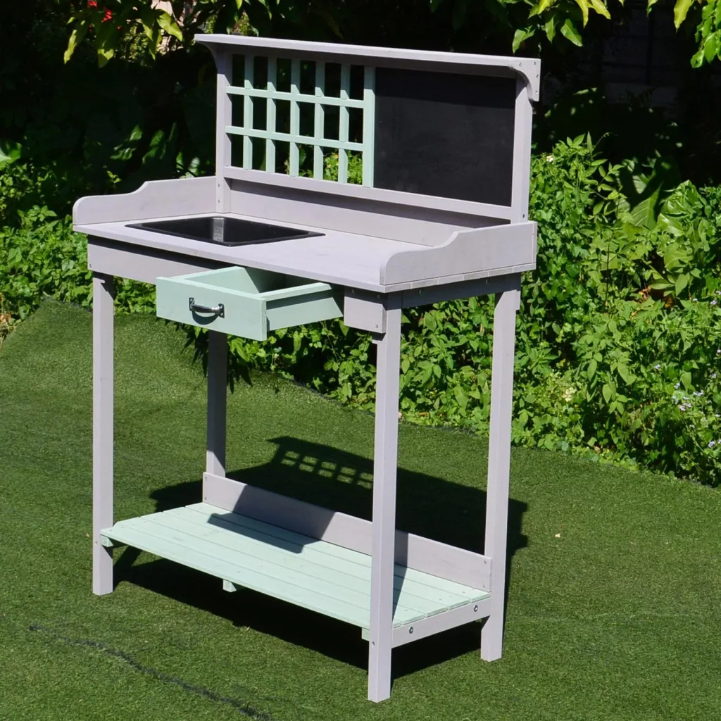 Pflanztisch Gärtnertisch Gartentisch Blumentisch mit Schublade und Wanne für den Garten Tannenholz 92 x 42,5 x 119,5 cm