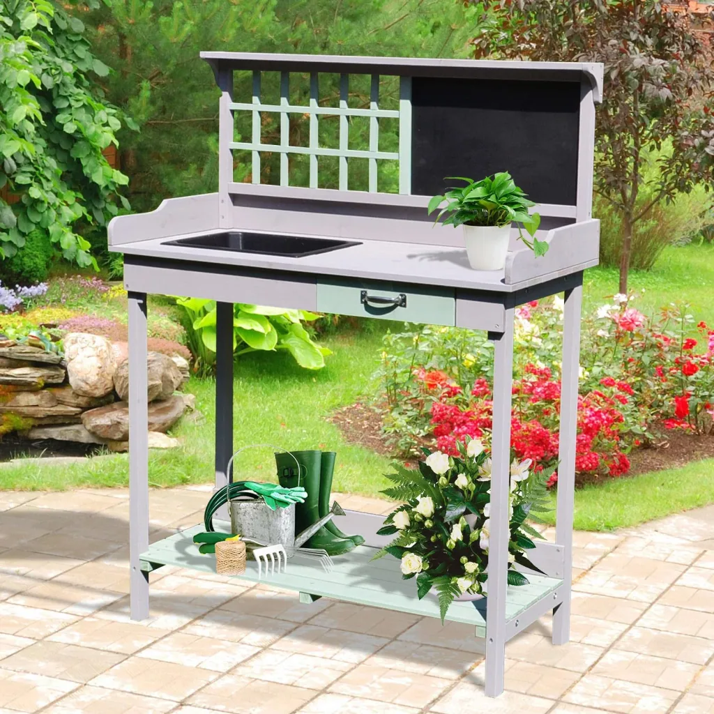Pflanztisch Gärtnertisch Gartentisch Blumentisch mit Schublade und Wanne für den Garten Tannenholz 92 x 42,5 x 119,5 cm