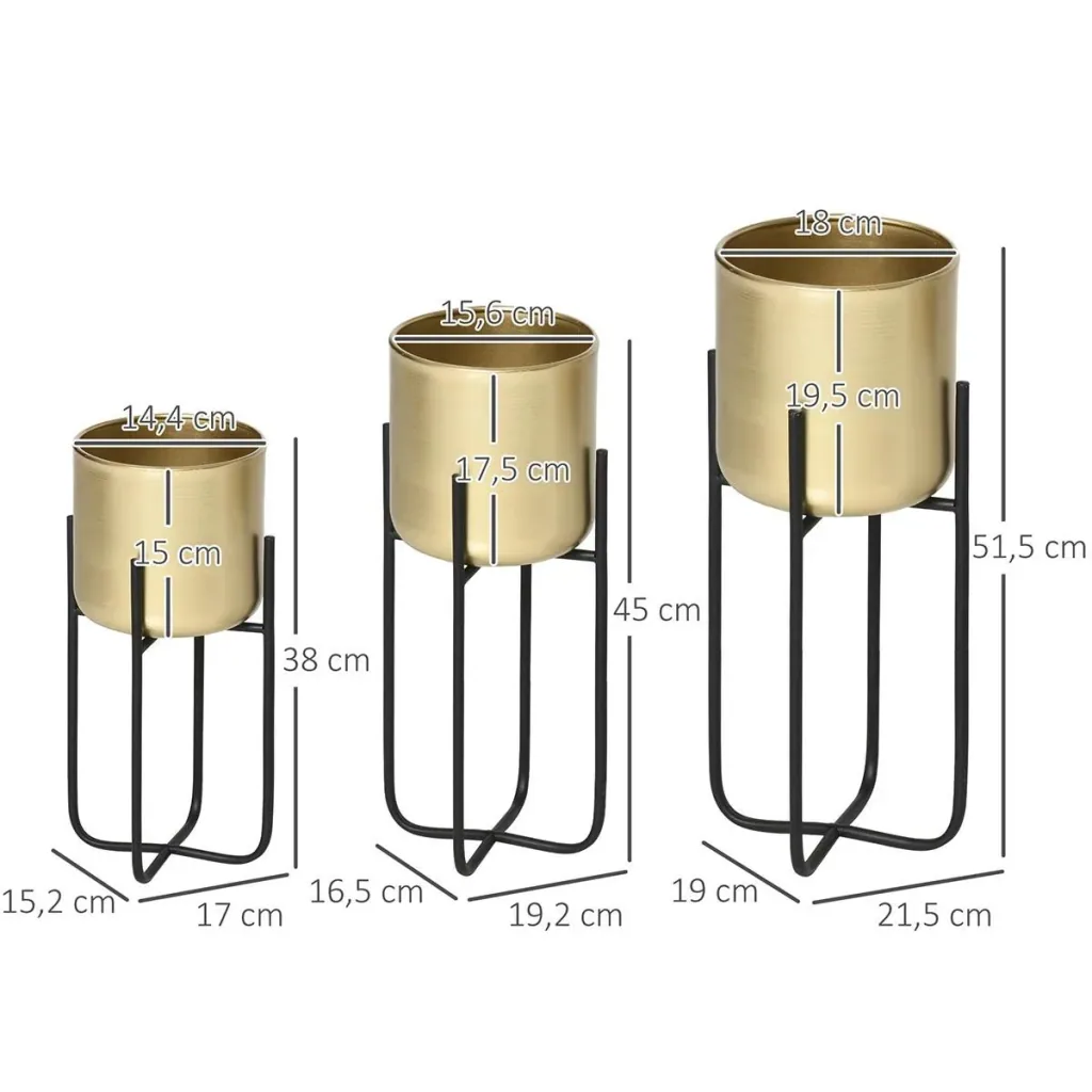 3er Set Blumenständer mit Blumentopf aus Metall Pflanzenständer Set Blumenhocker Blumentopfhalter Pflanzenhocker Gold