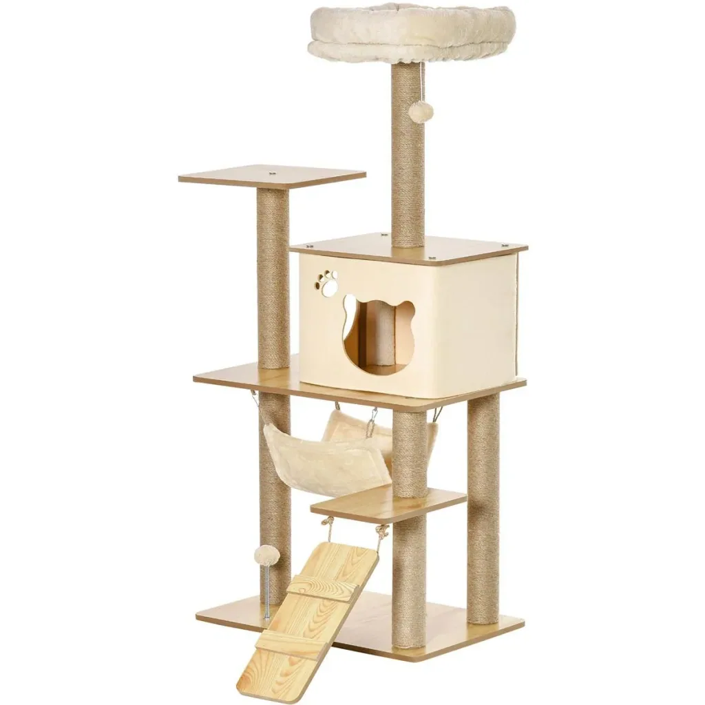 Spielplattform für Katzen - mit Kratzbaum, Haus, Handmatte - 60 x 40 x 130 cm