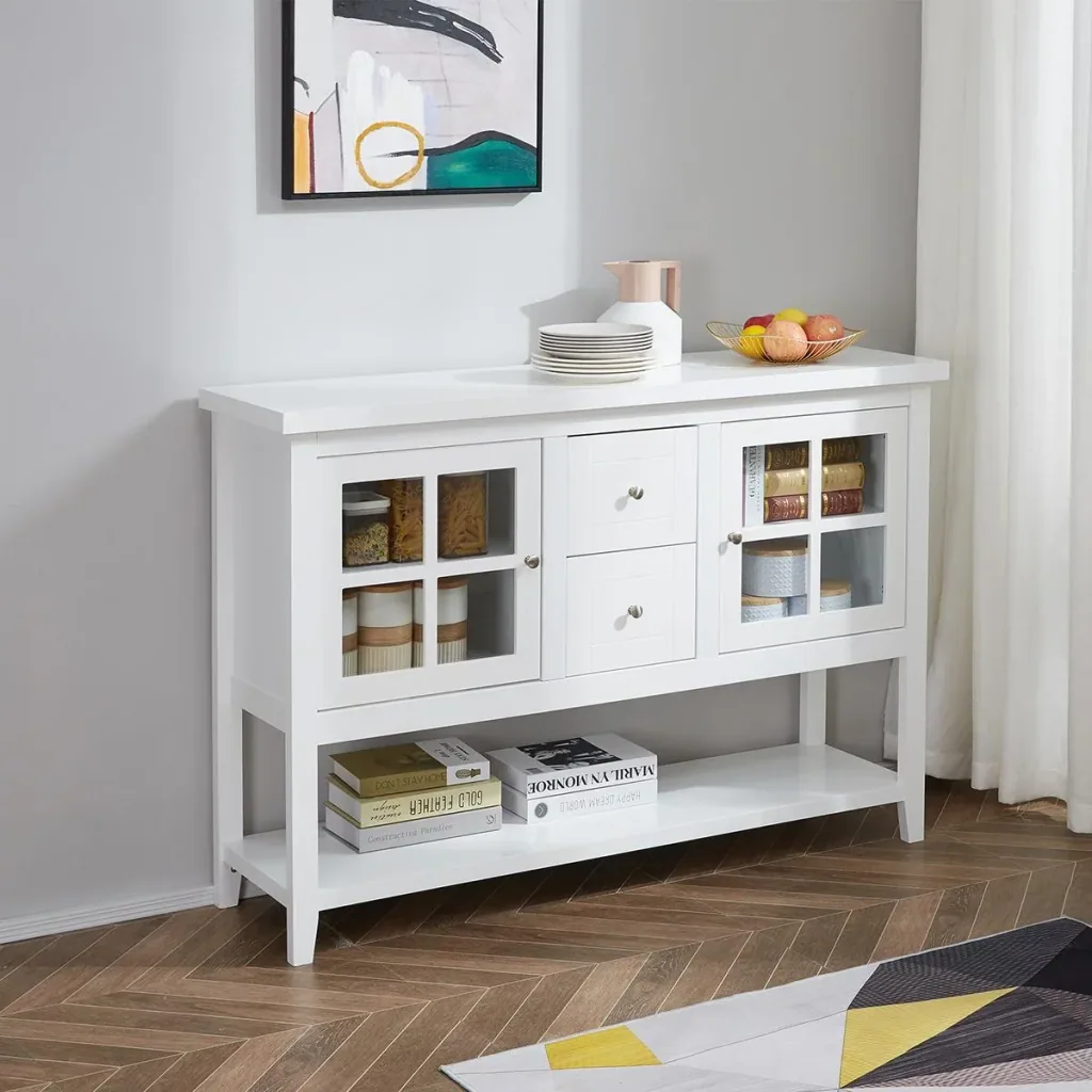 Küchenschrank Sideboard Aufbewahrungsschrank elegant mit zwei Glastürschränke offenes Regal zwei Schubladen Anti-Kipp-De