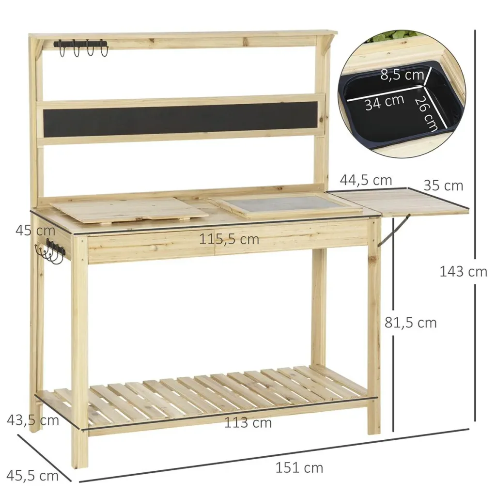 Pflanztisch Gärtnertisch mit 8 Haken Schublade Ablage Blumentisch aus Holz für Garten Terrasse Natur 151 x 45,5 x 143 cm