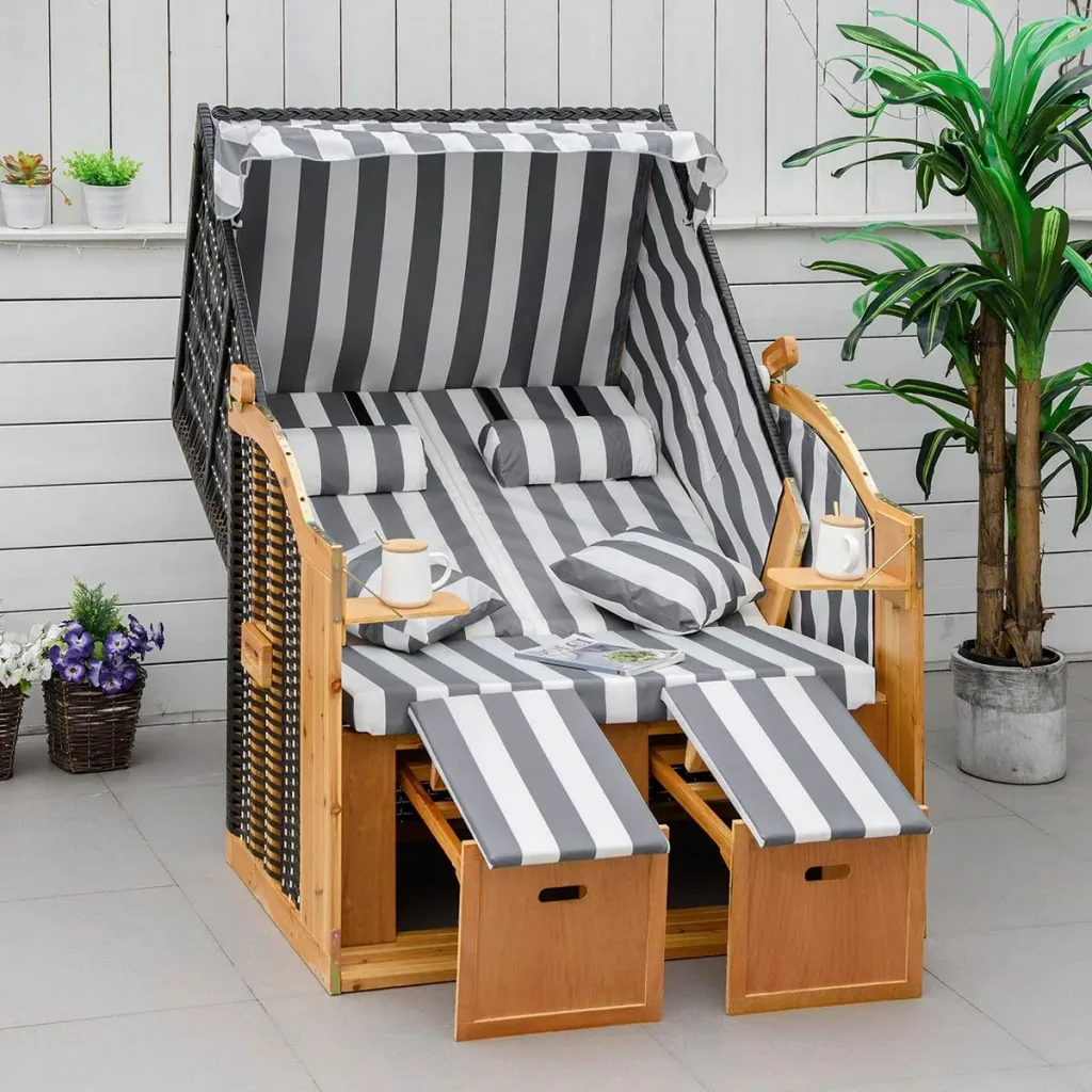 Strandkorb Doppelte Sonnenliege mit Dach Doppelliege mit Getränkehaltern Chaiselongue 5-stufige Rückenlehne PE-Rattan Gr