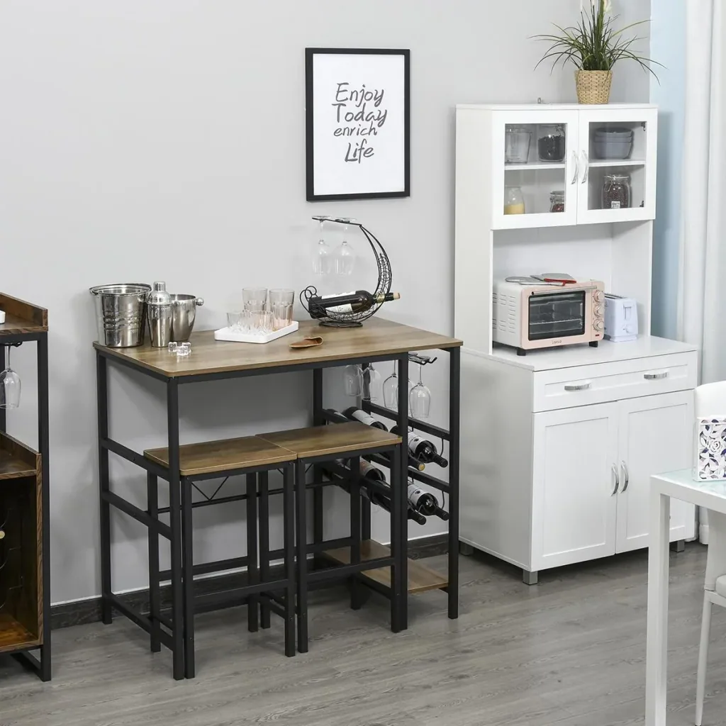 Bartisch-Set, Stehtisch mit 2 Barhockern, 3-teiliges Tischset Küchentresen mit Flaschenhalterung Spanplatte, Stahl, Natu
