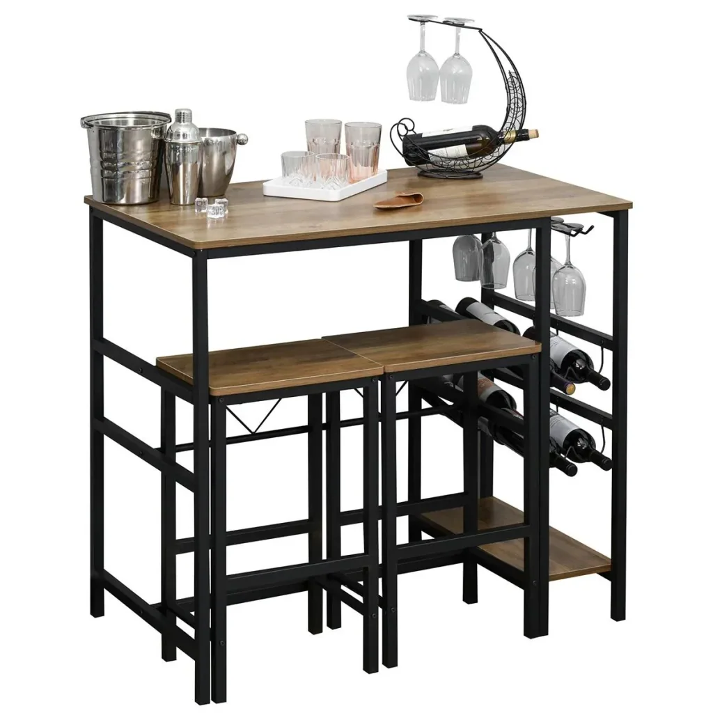 Bartisch-Set, Stehtisch mit 2 Barhockern, 3-teiliges Tischset Küchentresen mit Flaschenhalterung Spanplatte, Stahl, Natu