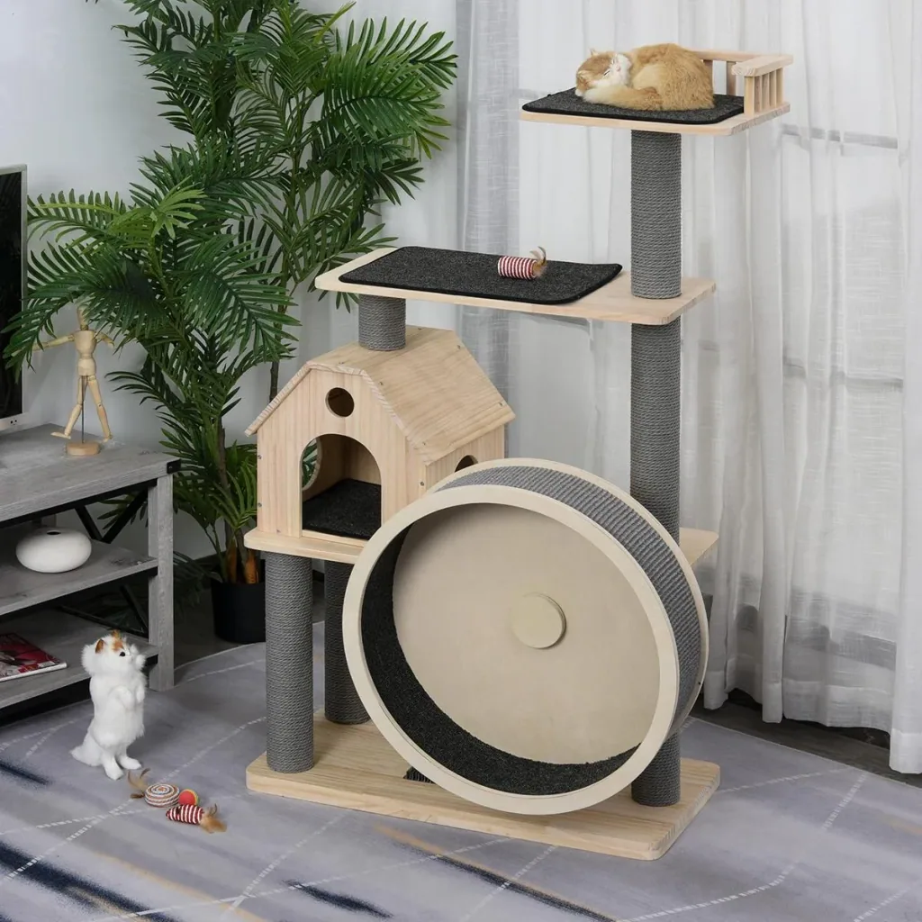 Katzenbaum mit Laufrad, 4-Stock Kratzbaum, Katzenhaus mit Sisalsäulen, Katzenhöhle, Massivholz 80 x 50 x 143 cm