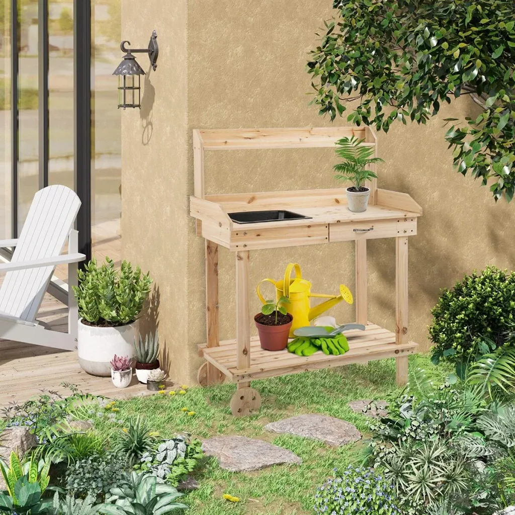 Pflanztisch mit Schublade 2 Stufen Gärtnertisch mit waschbecken und Rollen Garten, Tannenholz Natur 92 x 45 x 119 cm