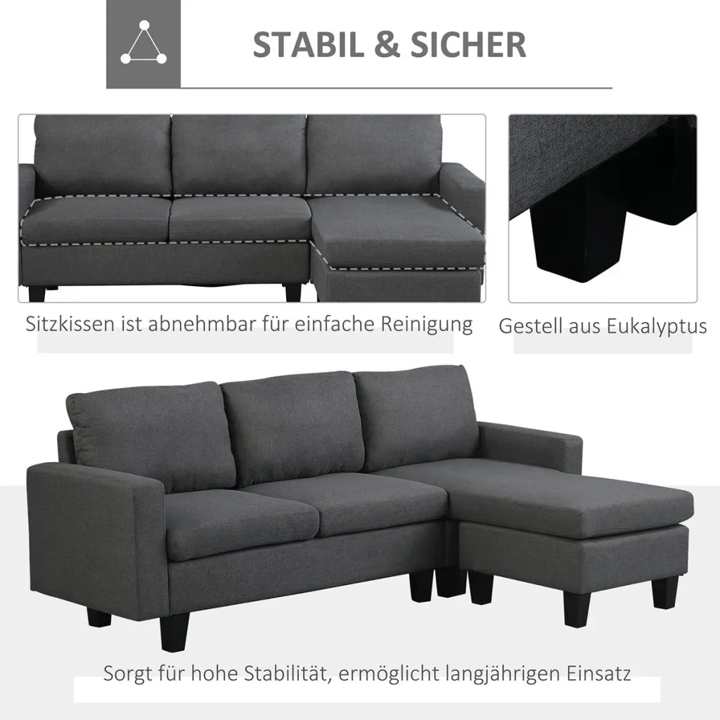 Ecksofa Stoffsofa Eckcouch Couchgarnitur mit Chaiselongue L-Form Leinen Grau