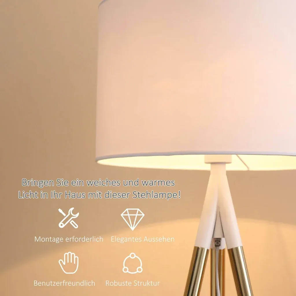 Stehlampe Wohnzimmer Tripod Stehleuchte 40W moderne Standleuchte mit E27 Fassung Metallfuß für Schlafzimmer Büro Weiß+Go