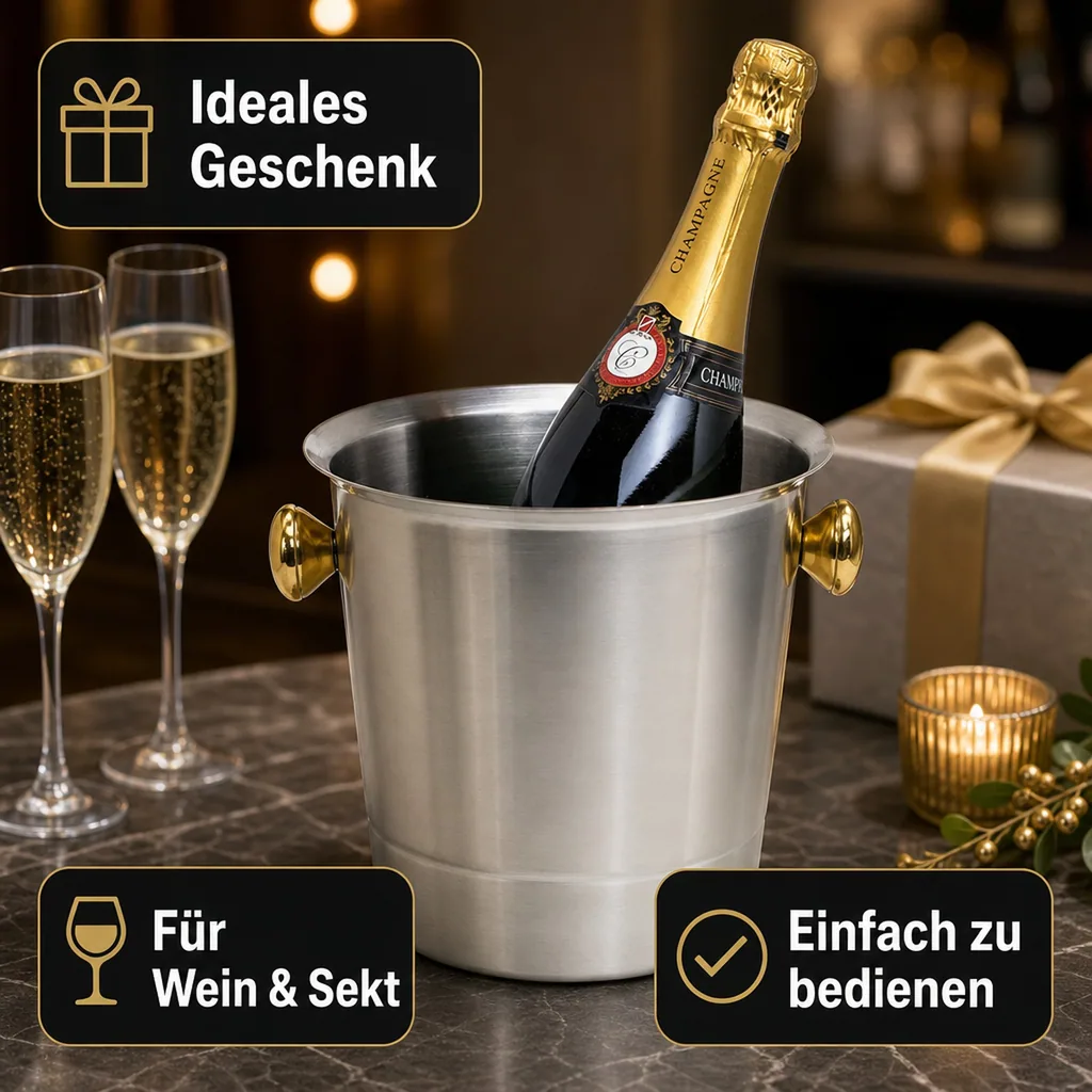 Flaschenkühler, Getränkekühler, Sekt-/Champagnerkübel, 5,0 L - Edelstahl Matt & Goldfarbene Griffe - Luxus & Qualität