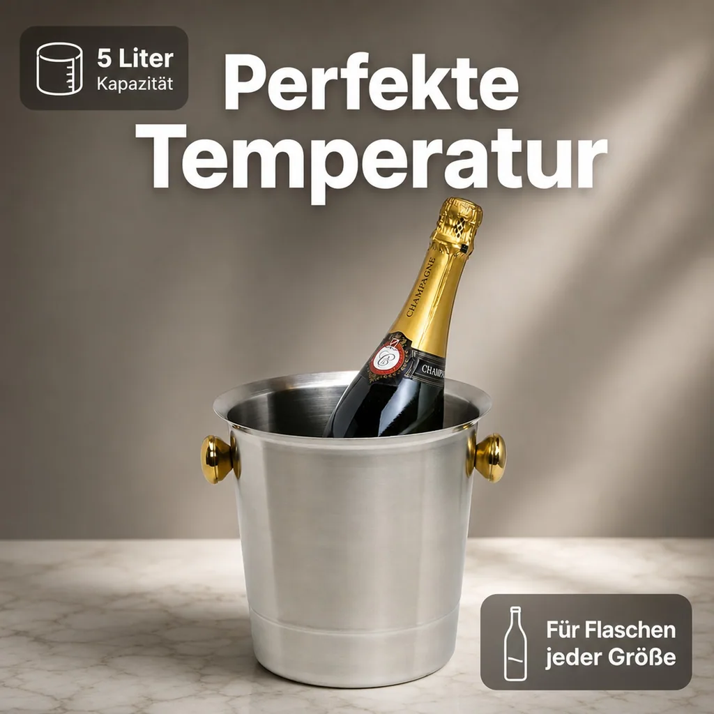 Flaschenkühler, Getränkekühler, Sekt-/Champagnerkübel, 5,0 L - Edelstahl Matt & Goldfarbene Griffe - Luxus & Qualität