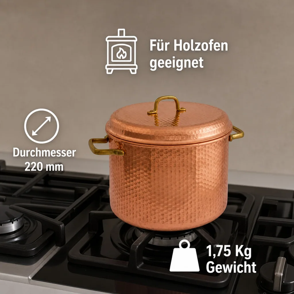 Kupfertopf Gehämmert Mit Griffen, 24 cm - Traditionelles Kochgeschirr für Tintenfisch, Marmelade & mehr