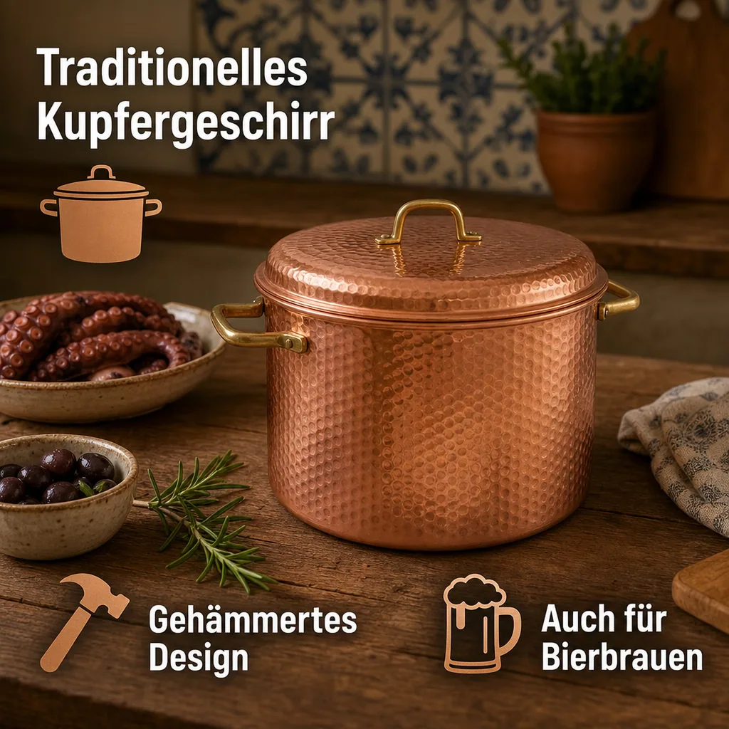 Kupfertopf Gehämmert Mit Griffen, 24 cm - Traditionelles Kochgeschirr für Tintenfisch, Marmelade & mehr