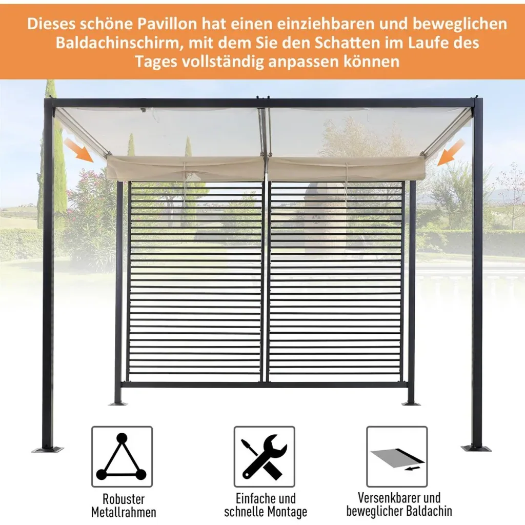 Pavillon, Pergola mit einstellbarem Stoffdach, Partyzelt, Überdachung, Polyester, Beige, 300 x 280 x 238 cm