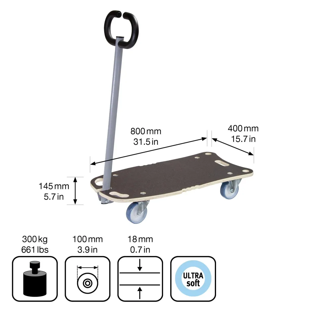 Transporthilfe MM 1187, 80 x 40 x 14,5 cm, softe Rollen Ø 100 mm, Rollenlager, Multiplex FSC®, Tragkraft 300 kg