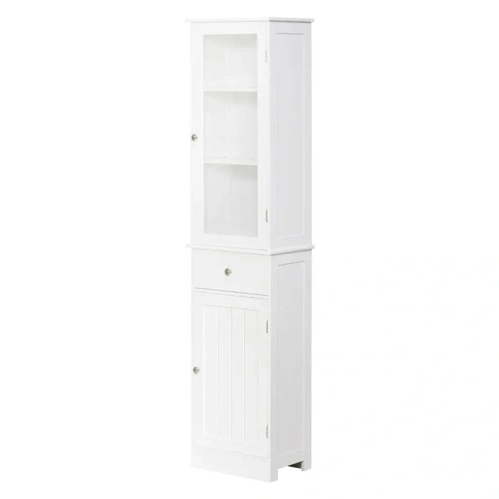 Badezimmerschrank, Badschrank, Vitrine, Küchenschrank mit Schublade, Regale, MDF, Acryl, 40 x 27 x 171,5 cm, Weiß
