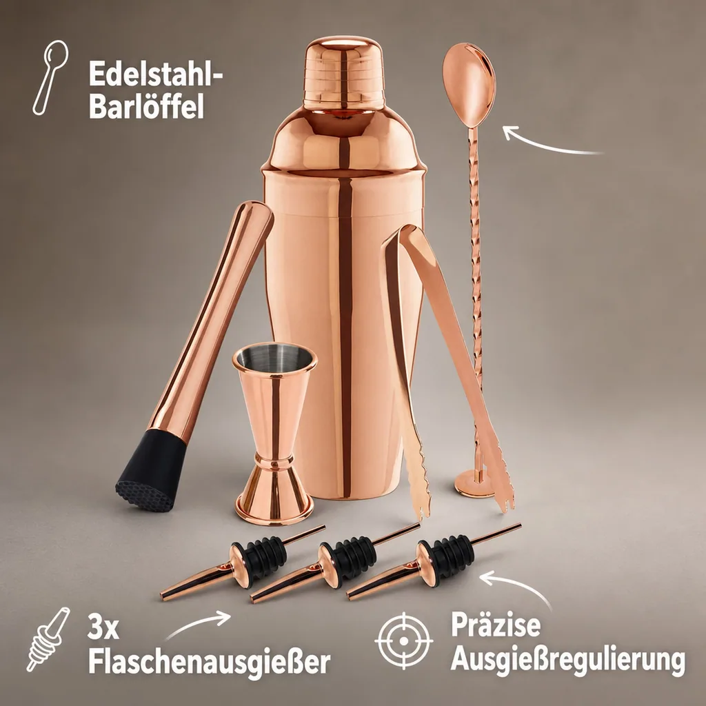Cocktails set - 8-teiliges in einer Geschenkbox, Barkeeper Set, Kupfer Optik für professionelle Cocktails