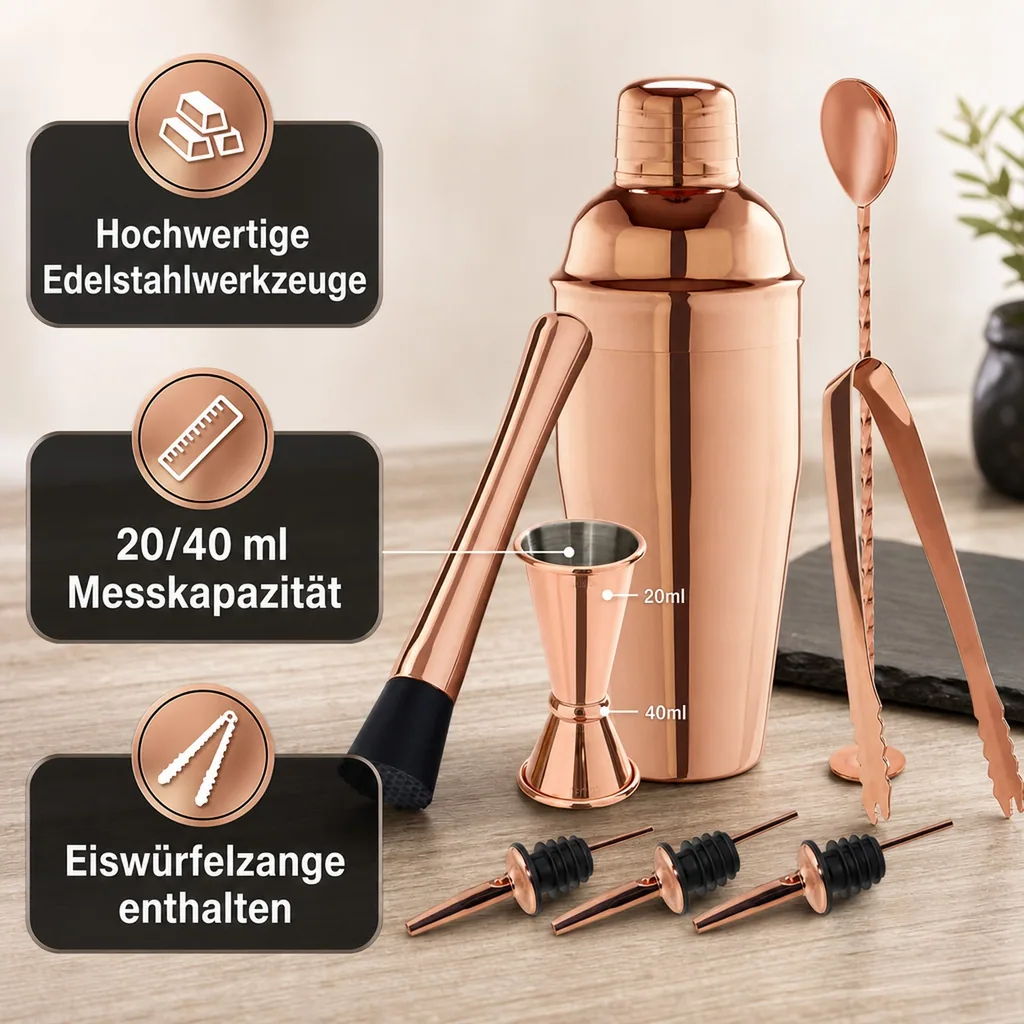 Cocktails set - 8-teiliges in einer Geschenkbox, Barkeeper Set, Kupfer Optik für professionelle Cocktails