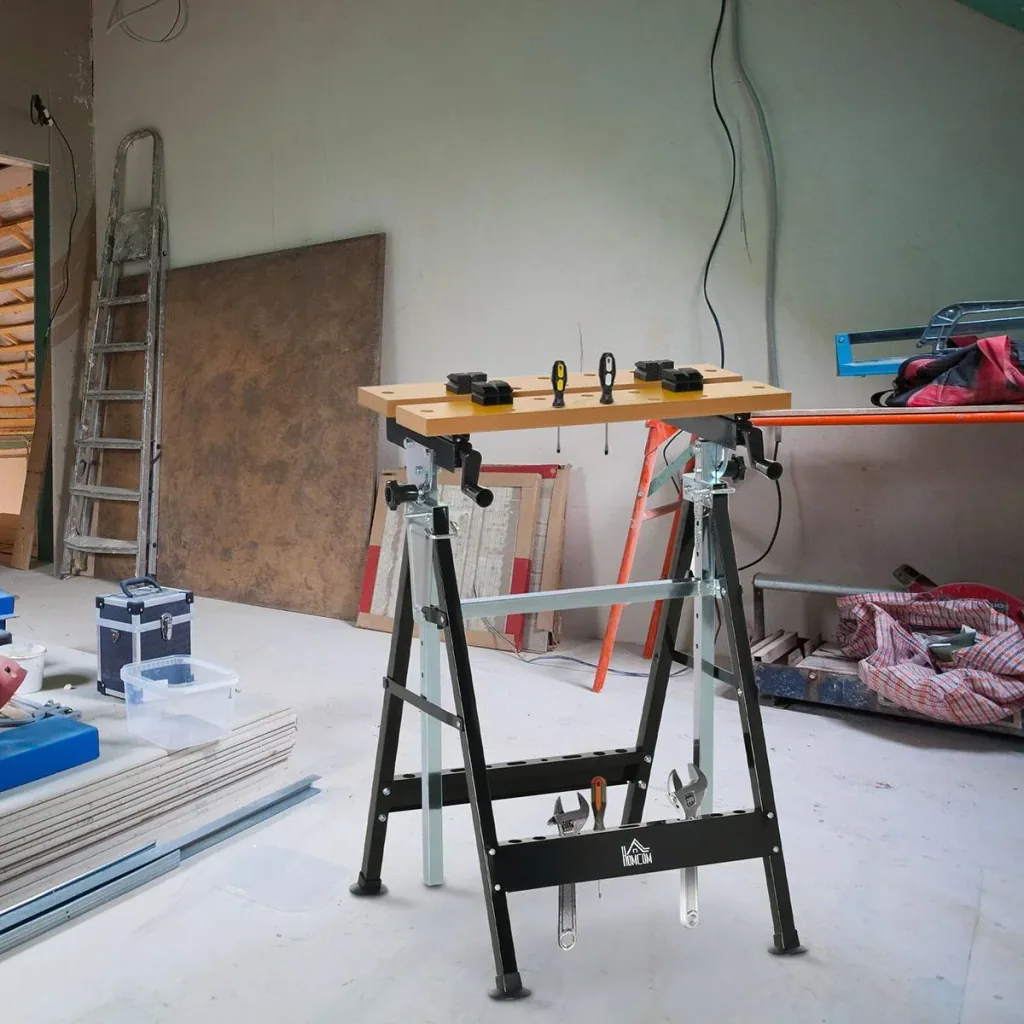 Werkbank mit Winkeleinstelltabelle Werktisch Arbeitstisch Arbeitsplatte höhenverstellbarer Tisch Eisen MDF Beige + Schwa