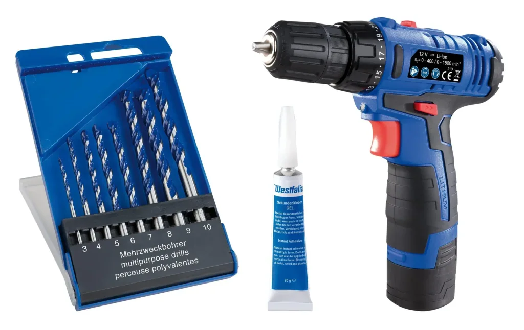 Akku-Bohrschrauber WA2BS12, 12 Volt + HM Mehrzweckbohrer Set "X-Drill Ultra", 8-teilig und Sekundenkleber Gel-Tube, 20 g