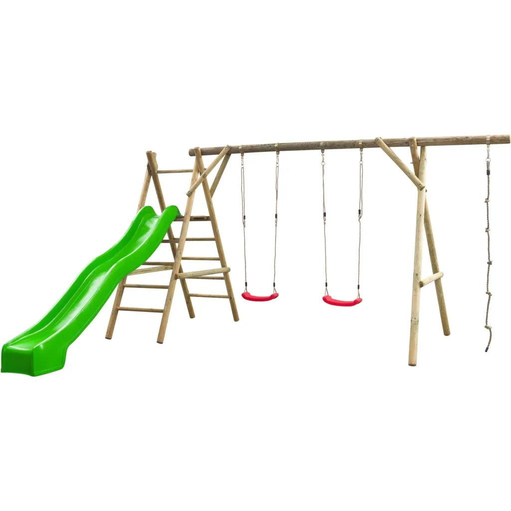 Doppelschaukel Noortje Rundholz mit Kletterseil, Treppe und Rutsche in blau