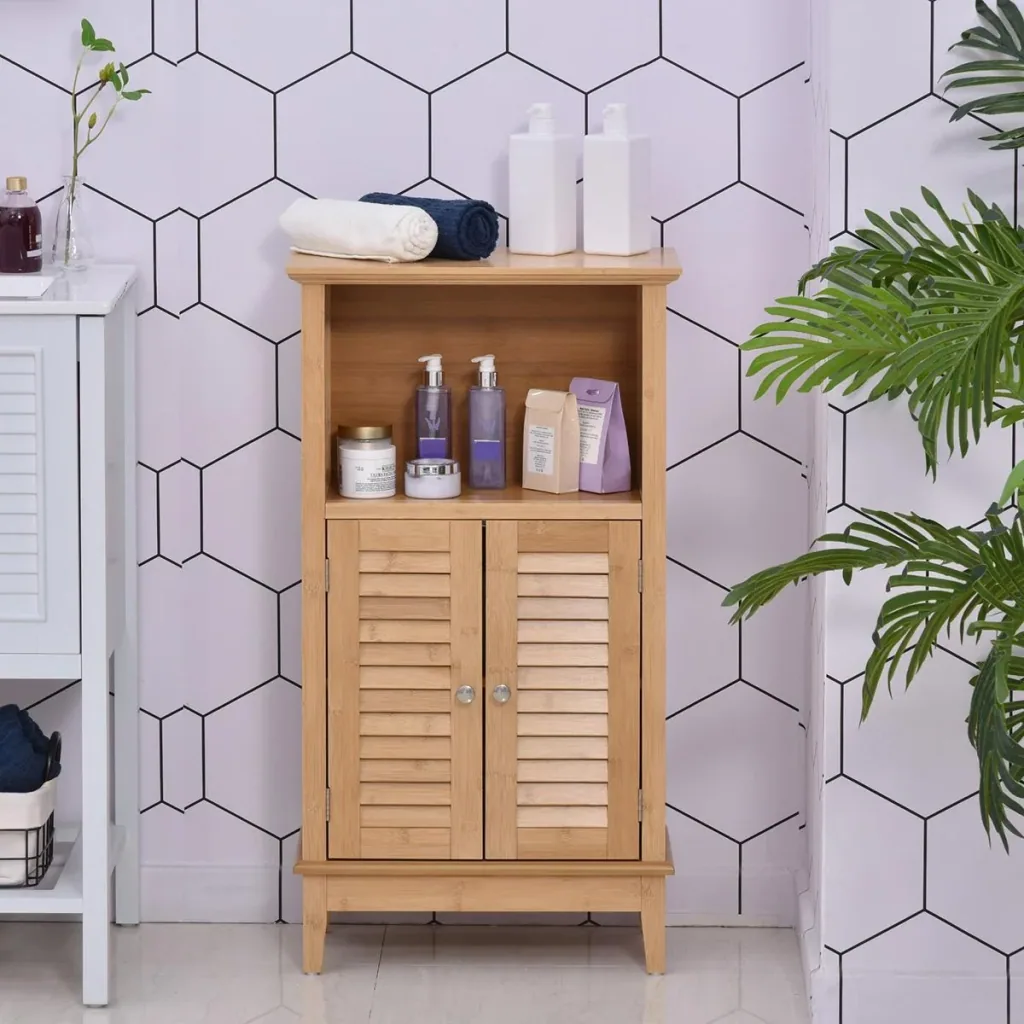 Badzimmerschrank mit offenem Regal, Badregal, Badezimmer Standregal, Bambus, Natur, 50 x 25,5 x 92 cm
