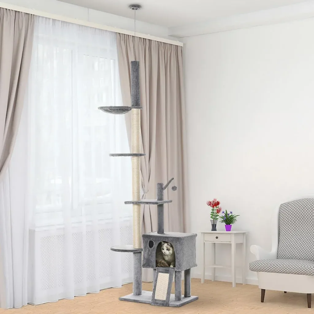 Kratzbaum Katzenbaum Deckenhoch Kletterbaum mit Spielbaum Katze Sisal Plüsch Hellgrau höhenverstellbar 60 x 40 x 238-270