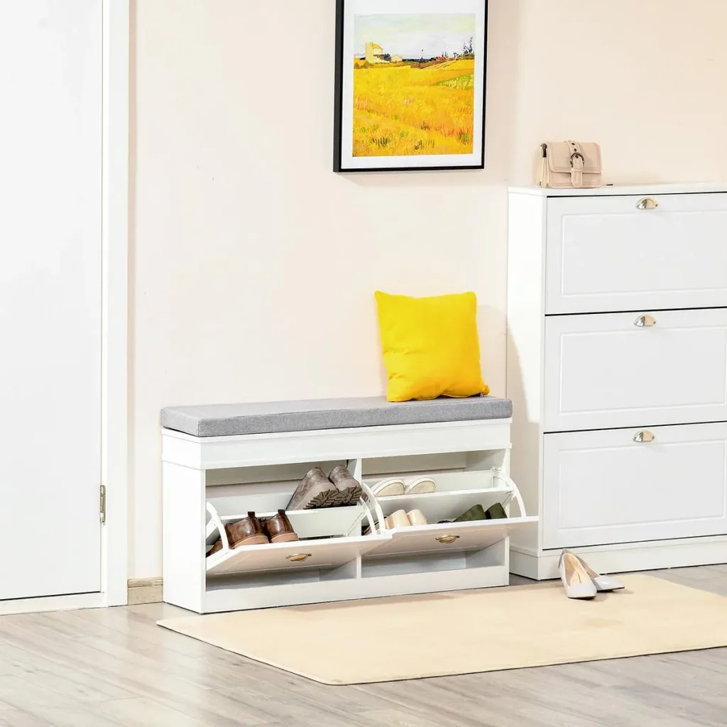 Schuhregal Schuhbank mit Kissen und 2 Schubladen Spanplatte MDF Polyester Schaumstoff Weiß+Grau 104 x 24 x 55 cm