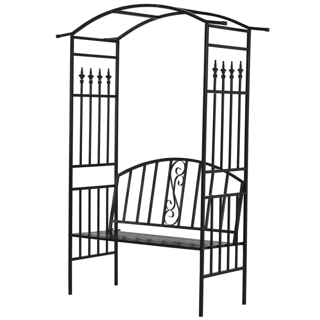 Pflanzbogen mit Sitzbank Bank Torbogen Rankgitter Rankhilfe Garten Bogendach Metall Schwarz 152 x 58 x 207 cm