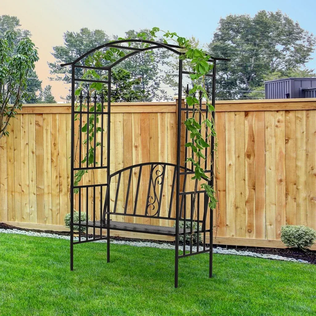 Pflanzbogen mit Sitzbank Bank Torbogen Rankgitter Rankhilfe Garten Bogendach Metall Schwarz 152 x 58 x 207 cm