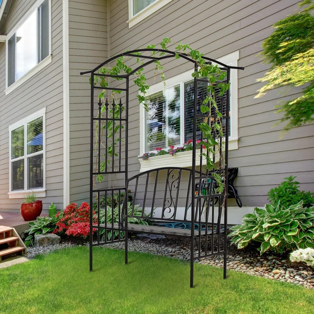 Pflanzbogen mit Sitzbank Bank Torbogen Rankgitter Rankhilfe Garten Bogendach Metall Schwarz 152 x 58 x 207 cm