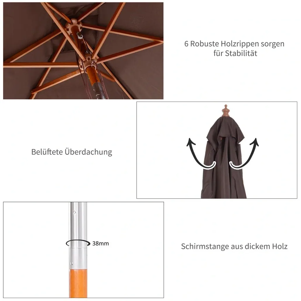 Sonnenschirm Knickbarer Gartenschirm Strandschirm 3-stufig einstellbar Tannenholz+Polyester Kaffee 200 x 150 x 230 cm
