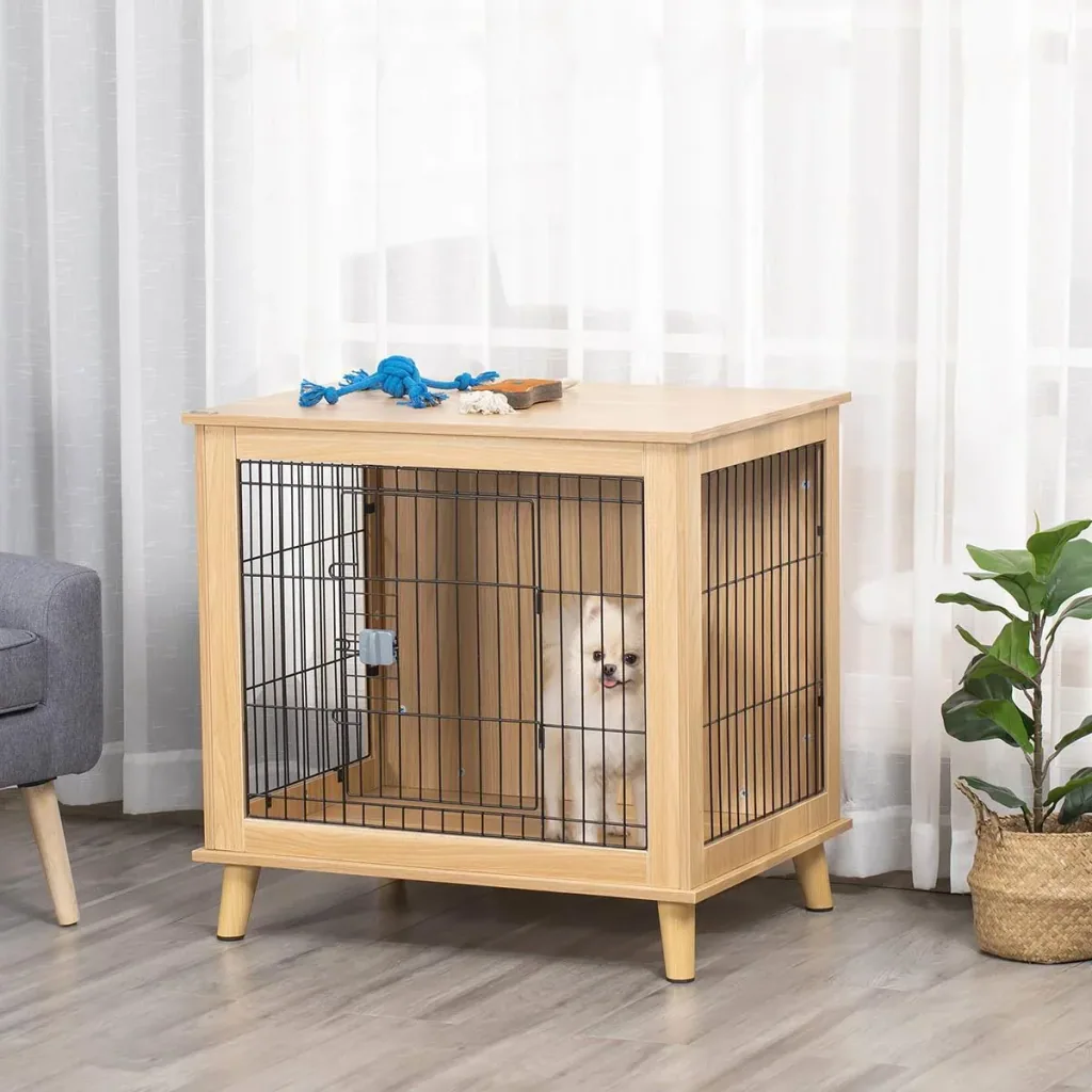 Hundekäfig aus Holz mit Tischoberfläche erhöhtes Design Hundebox für mittelgroße Hunde innen Zuhause Tierkäfig Haustier