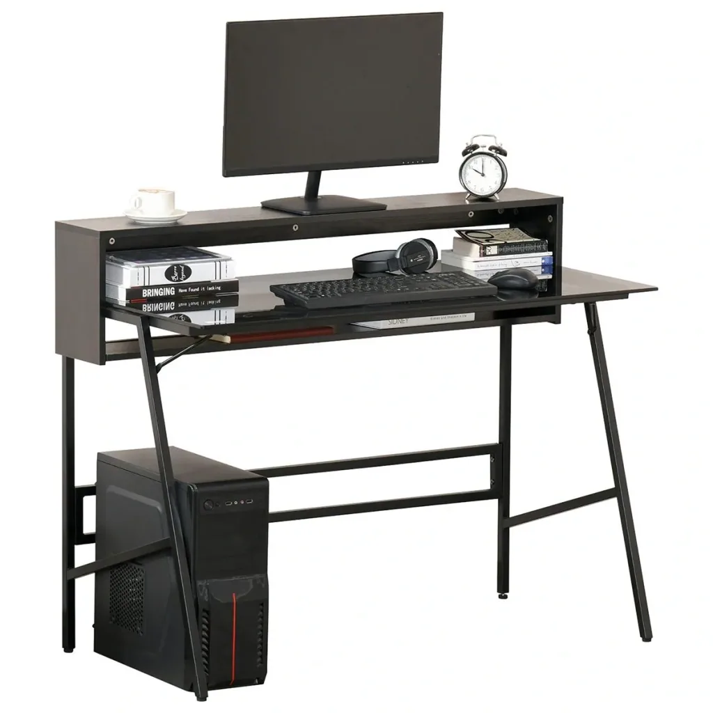 Computertisch Schreibtisch mit zwei Ablagen moderner Gamingtisch mit gehärtetem Glasplatte Home-Office verstellbare Fußm