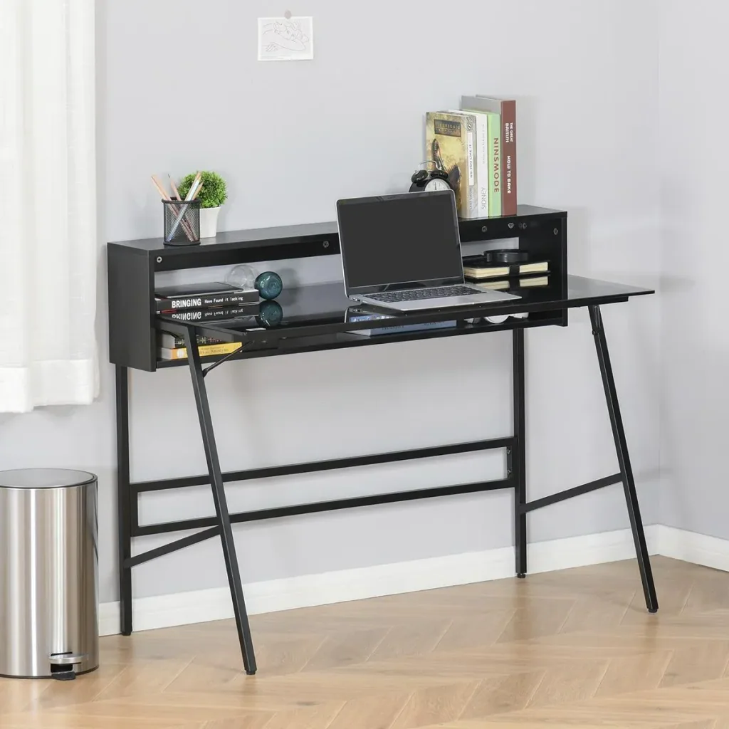 Computertisch Schreibtisch mit zwei Ablagen moderner Gamingtisch mit gehärtetem Glasplatte Home-Office verstellbare Fußm